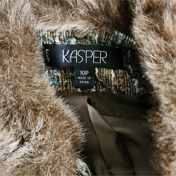 KASPER Brown and Green Tweed Faux Fur Collar Fitted Tailored Blazer Jacket 10P - Picture 8 of 14